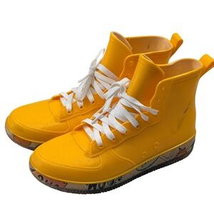 Yellow Rubber Rain‎ Boots Comic Graphic Midsole Lace Up Waterproof Shoes EUC